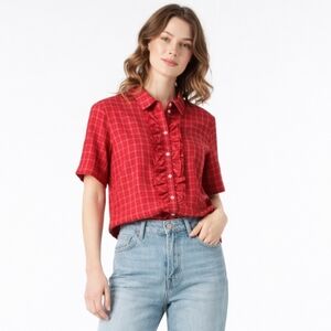 TanJay Red Plaid Ruffle Button Blouse M